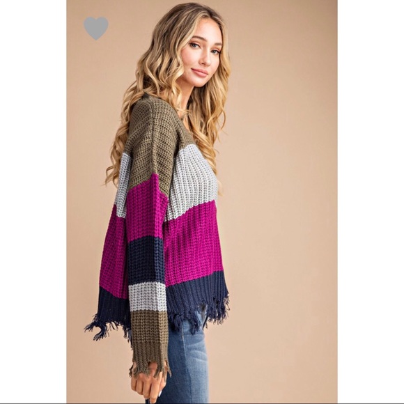 Kara Distressed Chunky Knit Sweater - Magenta - Picture 3 of 5